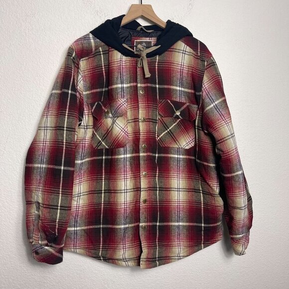 Legendary Outfitters Plaid Shacket Large Red/Brown Hooded Snap Front Drawstring - Picture 6 of 13